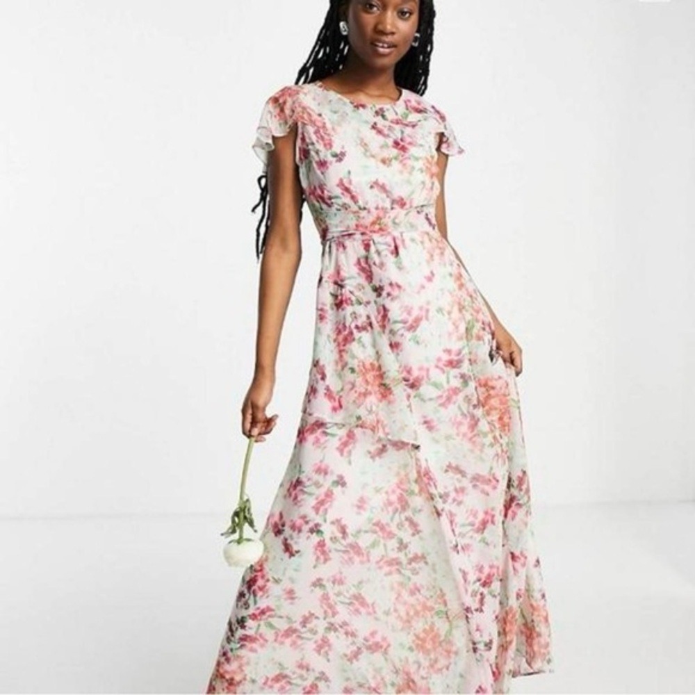 Hope & Ivy Eimear Floral Maxi Dress Flutter Sleeve Cream Pink Size 14 NWT